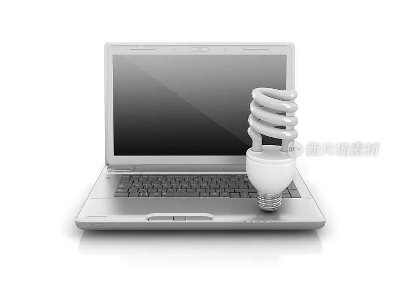 电脑笔记本电脑与低能量灯泡- 3D渲染